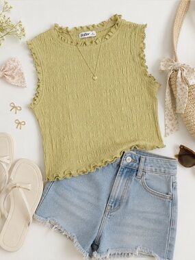 Aster Smocked Ruffle Sleeveless Top Yellow Stretch Size S Boho Casual